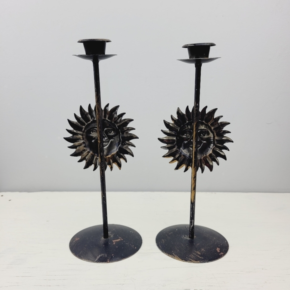 Vintage Celestial Sun Metal Taper Candle Holders Set of 2 - Picture 15 of 15